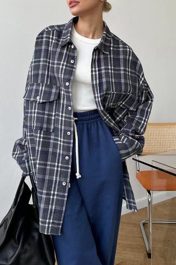 American Plaid Double-pocket Mid-length Blouse