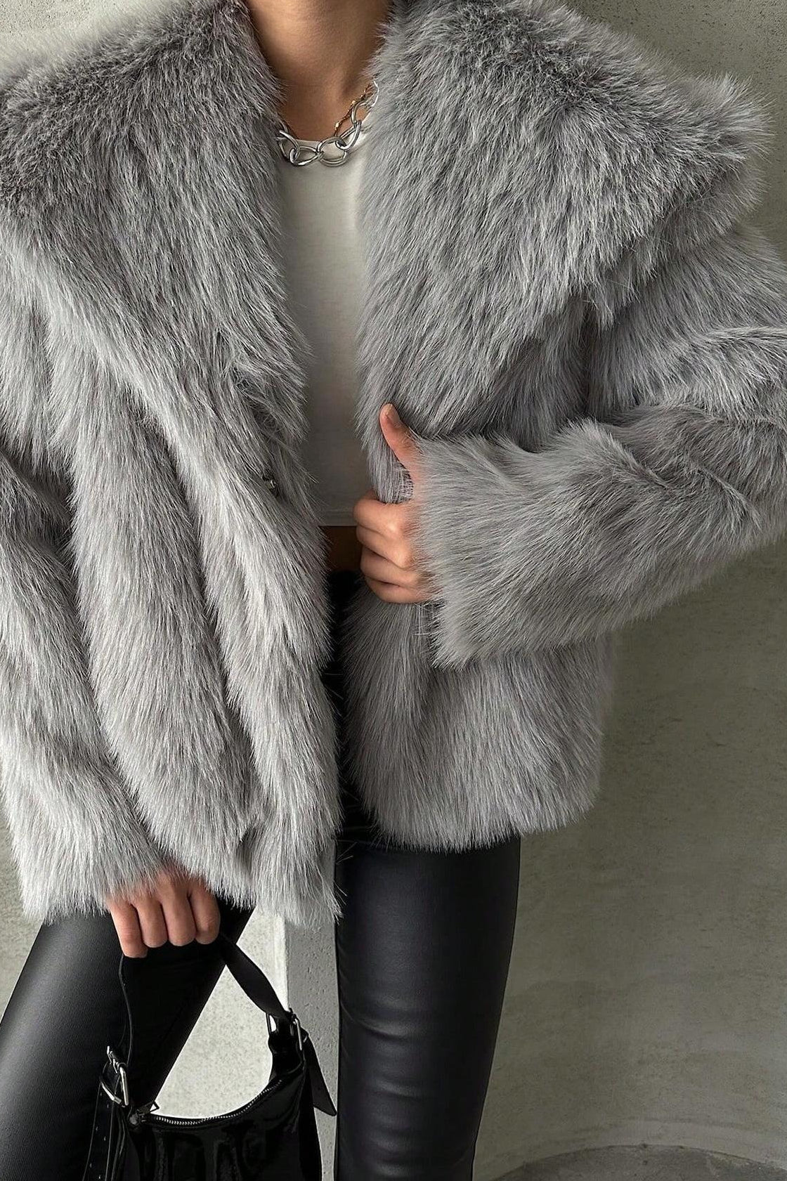 Plush Color Faux Animal Fur Warm Notch Collar Coat
