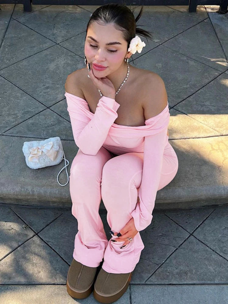 Folds Long Pant Sets Winter Bodycon Off Shoulders Short Pullover Femme High Waist Pants 2 Piece Suit Outfits