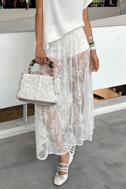 Sheer Brocade Lace White Jacquard Maxi Skirt