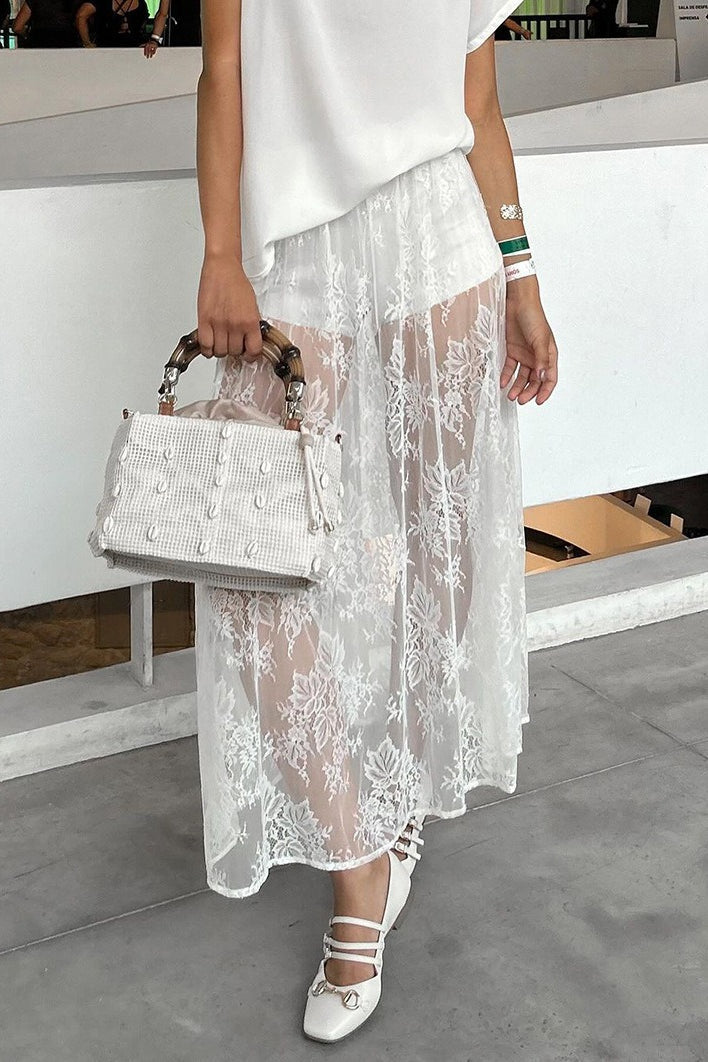 Sheer Brocade Lace White Jacquard Maxi Skirt