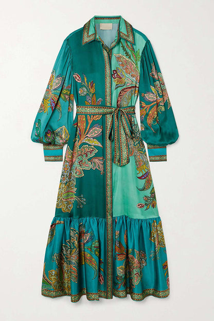 Resort Style Satin Unique Printed Lapel Lantern Sleeve Lace-up Midi Dress