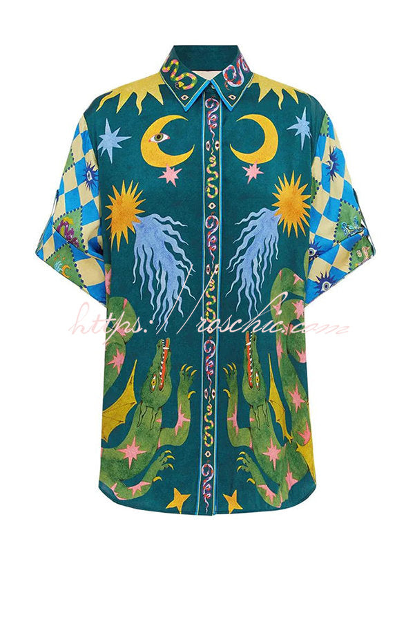 Beachy Linen Blend Unique Print Button Down Oversized Blouse