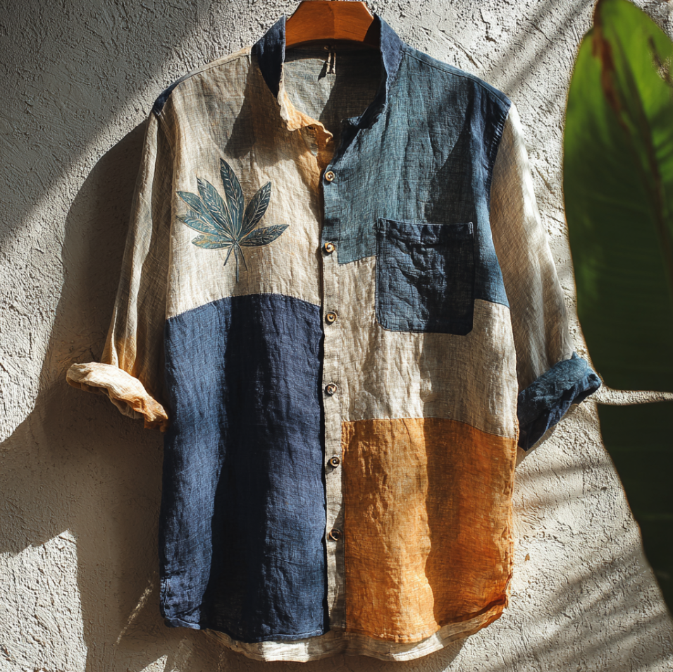 Western Style Bohemian Plant Flower Pattern Color Block Patchwork Retro Cotton And Linen Men's Shirt elevenforest
