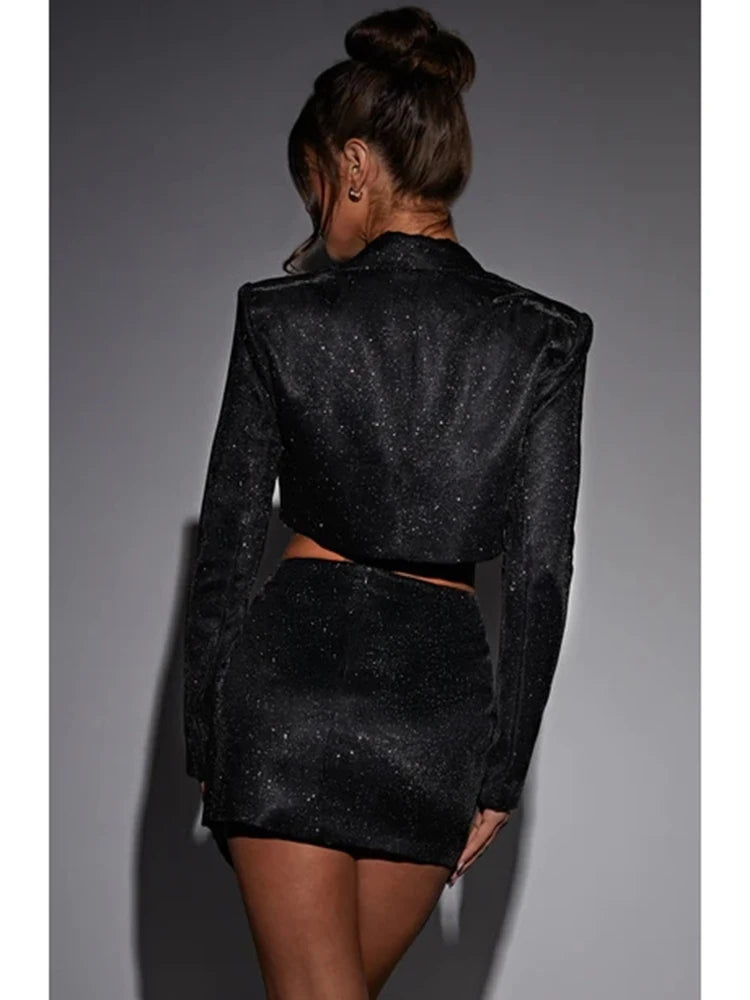 Shiny Double-layer Bandage Slim-fit Suit Suit ’s Pocket Bolero Skirt Skirt ’s Cutaway Collar Coat Top Suit New