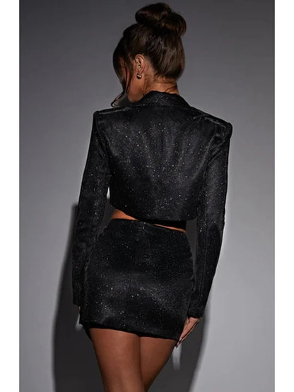 Shiny Double-layer Bandage Slim-fit Suit Suit ’s Pocket Bolero Skirt Skirt ’s Cutaway Collar Coat Top Suit New