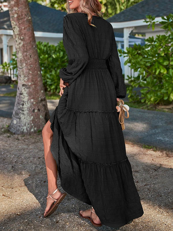 A-line Long Sleeves Elasticity Color Split-joint V-neck Maxi Dresses