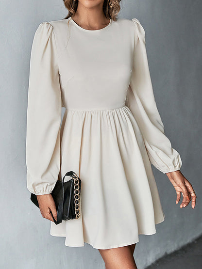 A-line Bishop Sleeve Backless Elasticity Hollow Pleated Color Tied Round-neck Mini Dresses