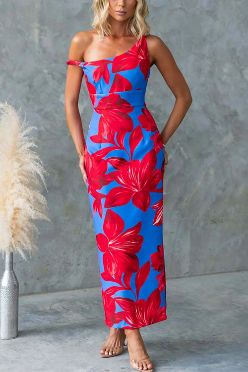 Asymmetric Neck Back Slit Print Maxi Dress