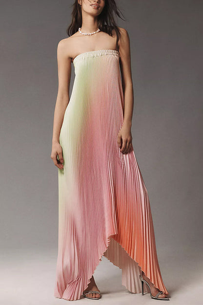 Moxidress Strapless Color Block Gradient Pleated Maxi Dress