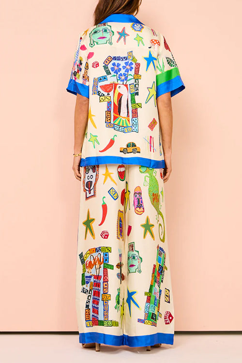 Unique Print Short Sleeves Button Down Shirt Elastic Waist Wide Leg Pants Set