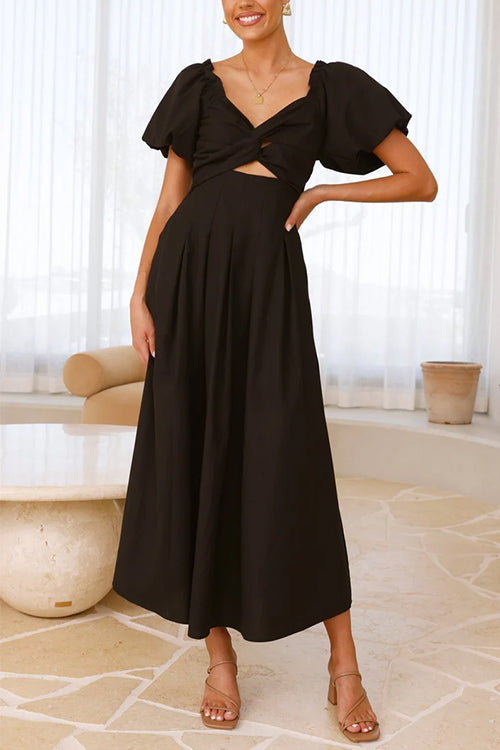 V Neck Twist Front Puff Sleeves Cut Out Maxi Dress