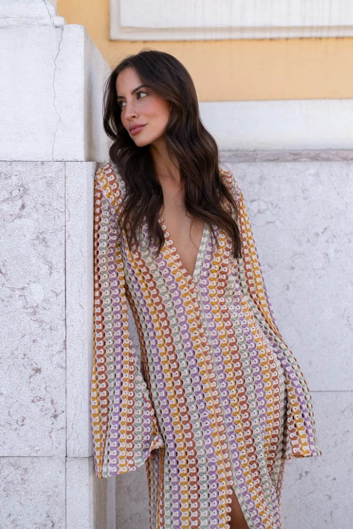 V Neck Bell Sleeve Wavy Striped Crochet Beach Vacation Maxi Dress