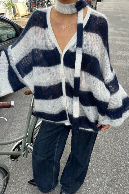 Lantern Sleeves Button Down Color Block Stripes Sweater With Scarf