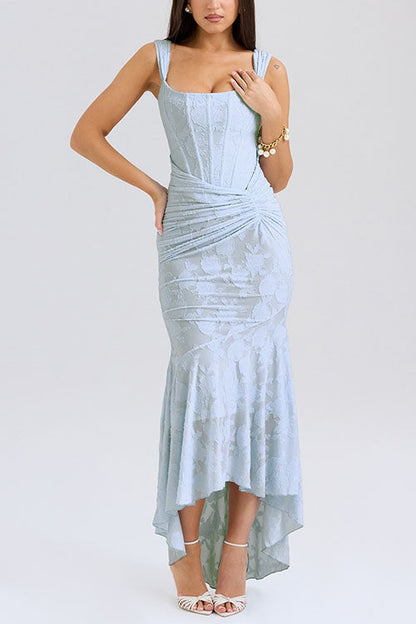 Moxidress Sleeveless Ruched Waist Ruffle Hem Jacquard Maxi Dress