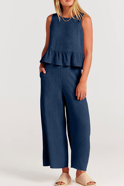 Moxidress Crewneck Ruffle Tank Top Wide Leg Pockets Pants Set