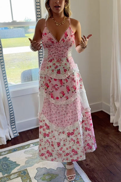 Moxidress Spaghetti Strap V Neck Print Ruffle Tiered Maxi Dress