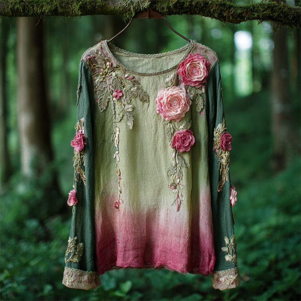 Vintage Gauzy Floral Embroidery Women's Round Neck Long Sleeve T-shirt elevenforest