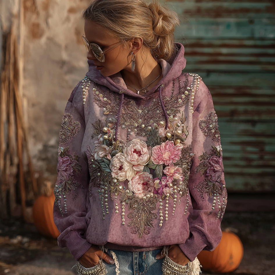 Bohemian Style Plant And Flower Embroidery Pattern Women's Hooded Sweatshirt elevenforest