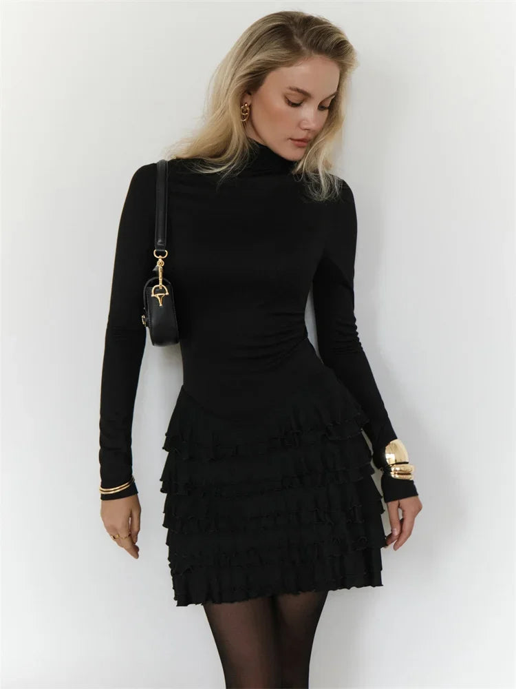 Black Ruffled Mini Dress ’s Long Sleeve Skinny High Waist Patchwork Dress Female Autumn Party Dress New