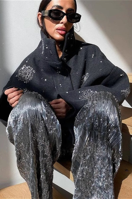 Rhinestone Turtleneck Loose Coat