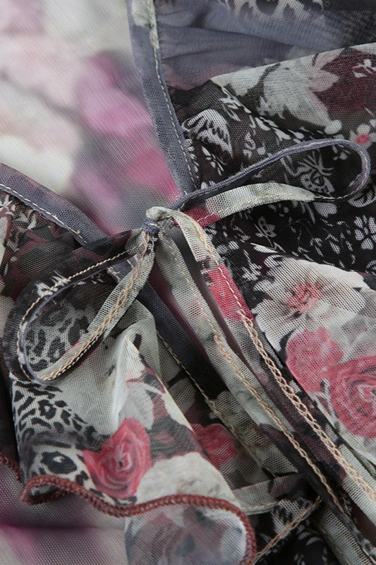 Print Contrast Mesh Tie Blouse