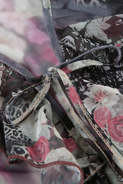 Print Contrast Mesh Tie Blouse