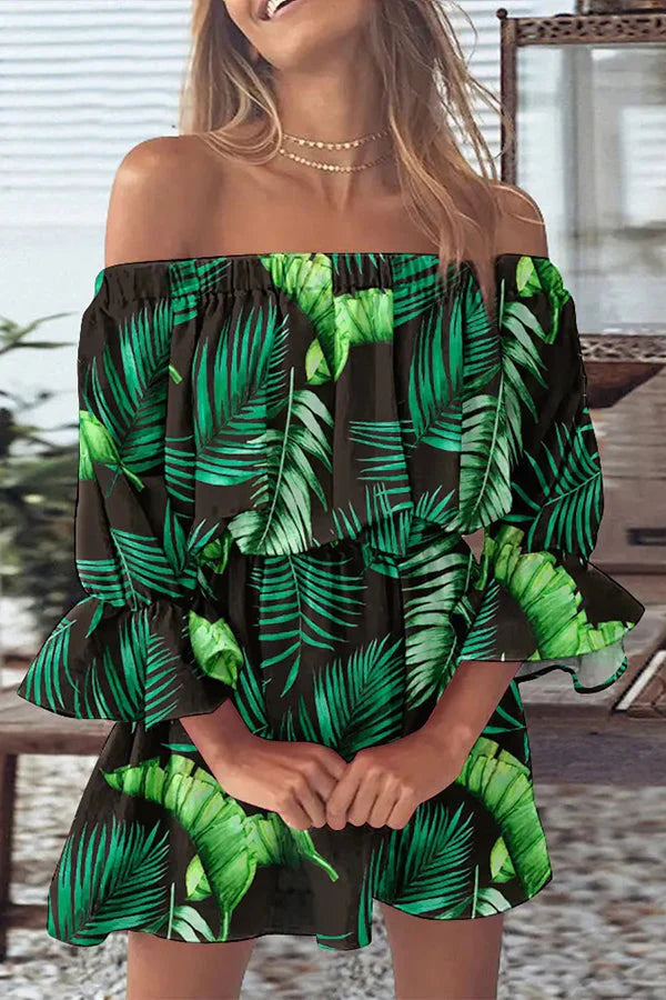 It All Begins With Love Printed Off Shoulder Mini Dress