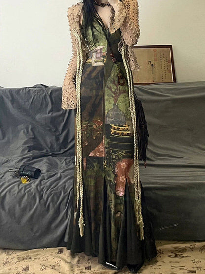 Irregular Splice Pleated Hem Maxi Dress With Print
