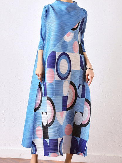 Loose Geometric Printed Pleated Midi Dress