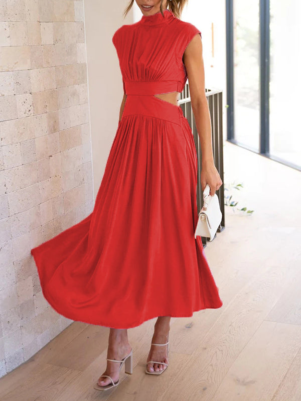 Cap Sleeve Belly-hollow Pleated Color Stand Collar Maxi Dresses