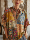 Bohemian Style Patchwork Print Vintage Tie-dye V-neck Short-sleeved Shirt elevenforest