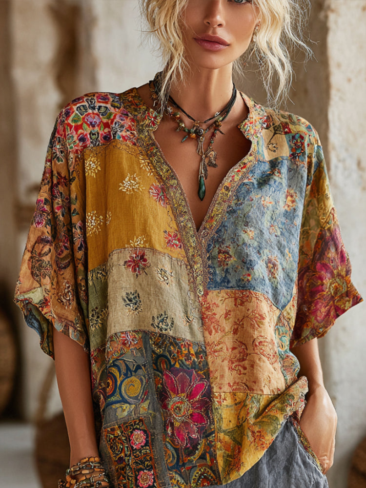 Bohemian Style Patchwork Print Vintage Tie-dye V-neck Short-sleeved Shirt elevenforest
