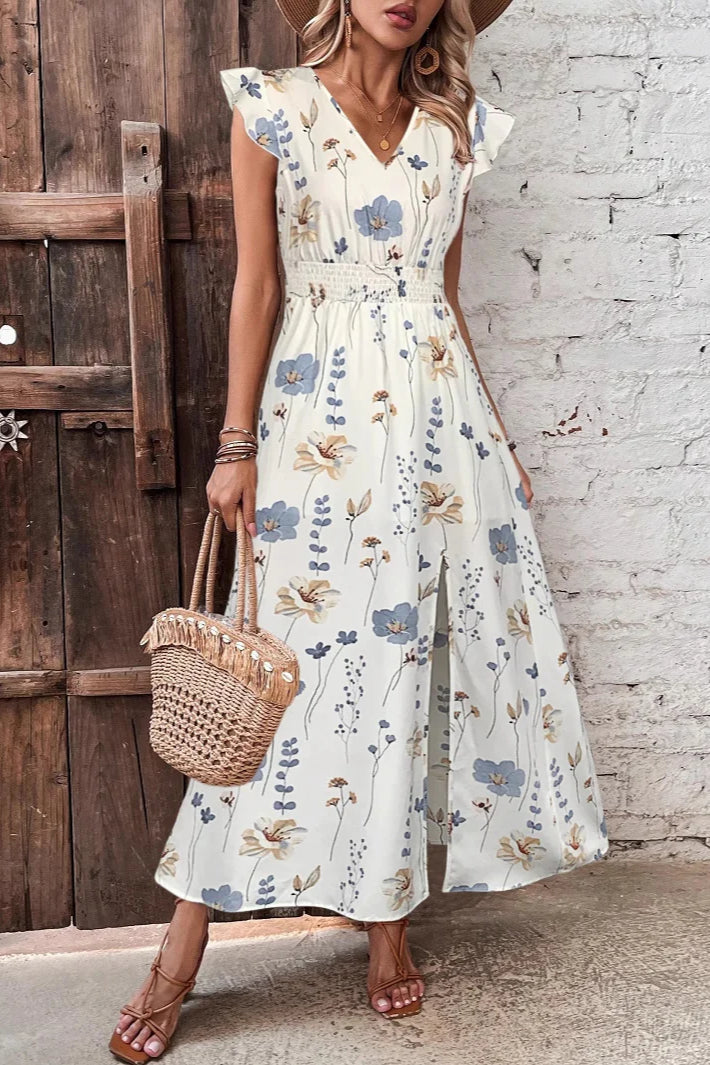 Lace-trim V-neck High Waist Slit Maxi Dress