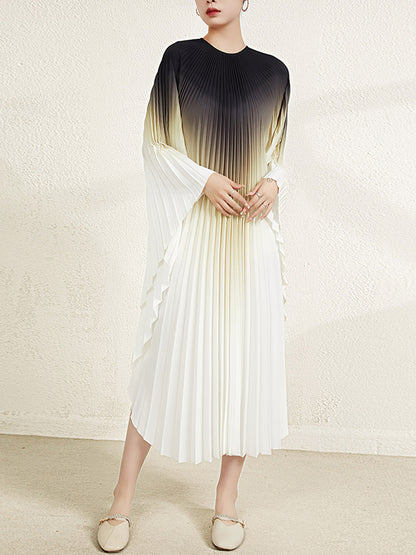 Batwing Sleeves Loose Gradient Pleated Round-neck Midi Dresses