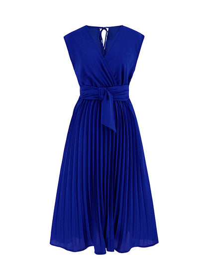 Sleeveless Pleated Color Tied Waist V-neck Midi Dresses