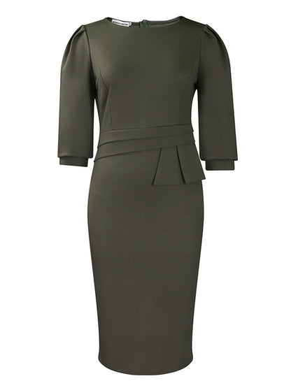 Bodycon Half Sleeves Pleated Color Split-back Split-joint Zipper Round-neck Midi Dresses
