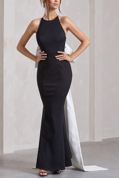 Statement Racer Neck Back Oversized Bow Hem Backless Maxi Dress