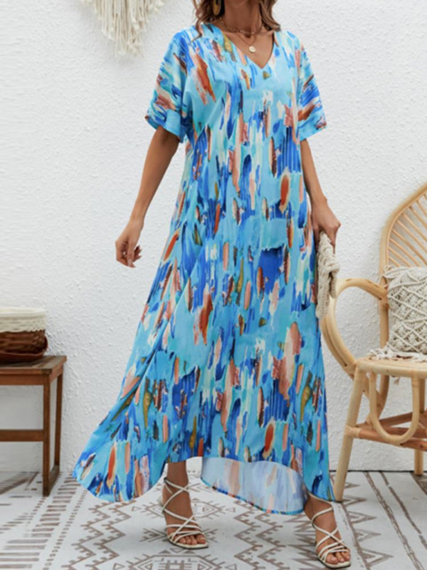 Loose Short Sleeves Contrast Color High-waisted Printed V-neck Maxi Dresses