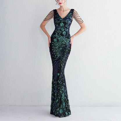 V-neck Sleeveless Dress With Stones and Crystals Sequins Tassel Party Dresses High Waisted Long Dress
