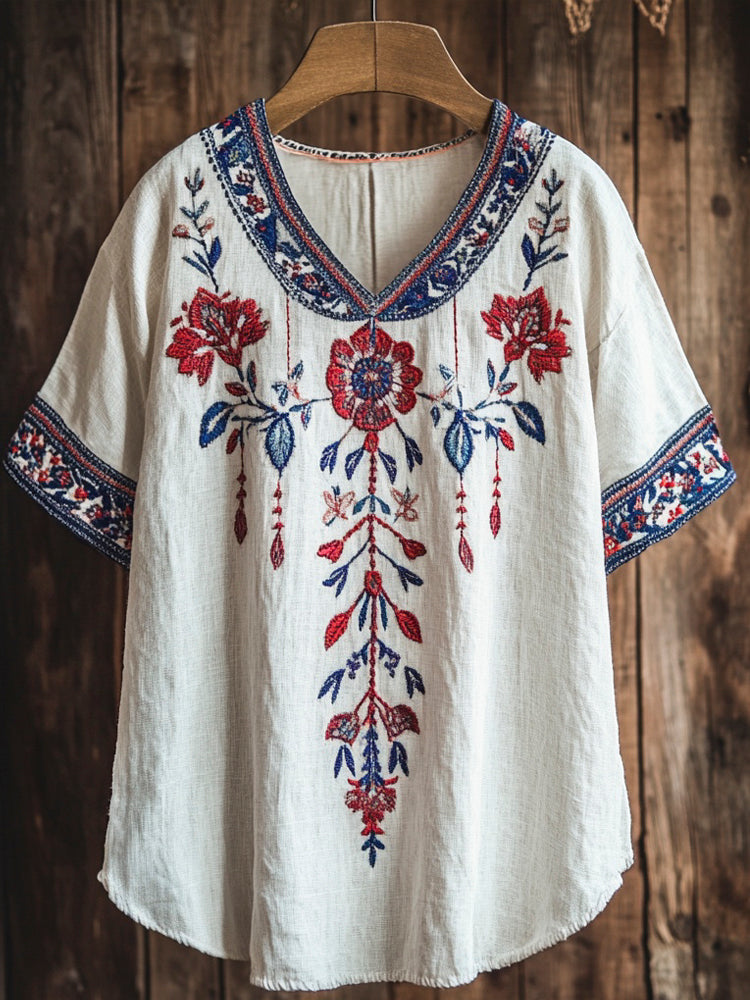 Vintage Floral Embroidery Women's Linen V-neck Shirt elevenforest