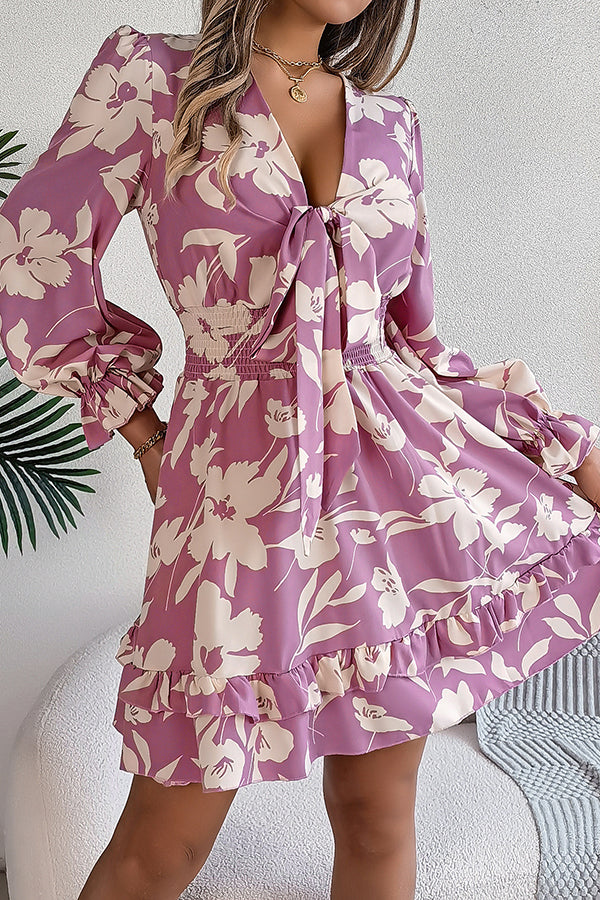Print V-neck Lace-up Long-sleeve Elastic Waist Mini Dress