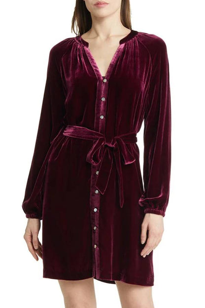 Color Velvet Long-sleeved V-neck Lace-up Mini Dress