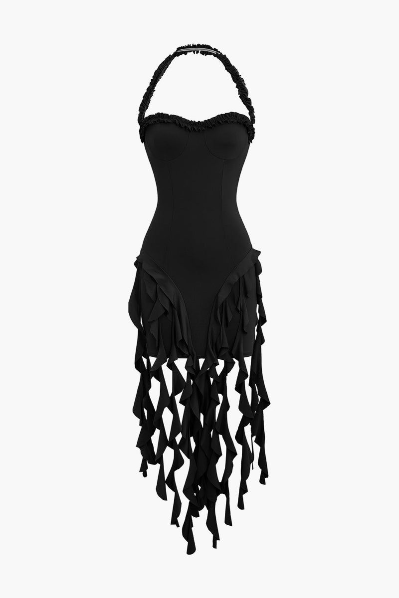 Color Ruffle Tassel Halter Bustier Mini Dress