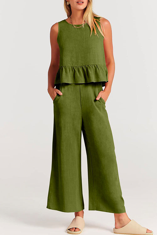Crewneck Ruffle Tank Top Wide Leg Pockets Pants Set