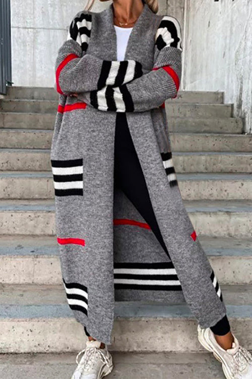 Moxidress Open Front Color Block Striped Splice Long Sweater Cardigan