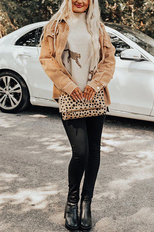 High Neck Side Slit Cheetah Pattern Sweater