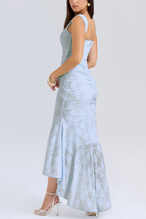 Moxidress Sleeveless Ruched Waist Ruffle Hem Jacquard Maxi Dress