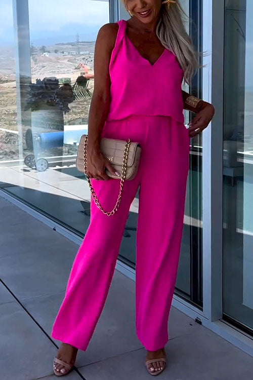 V Neck Sleeveless Top Wide Leg Pockets Pants Set