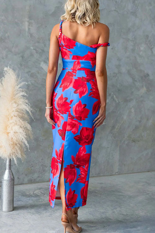 Asymmetric Neck Back Slit Print Maxi Dress
